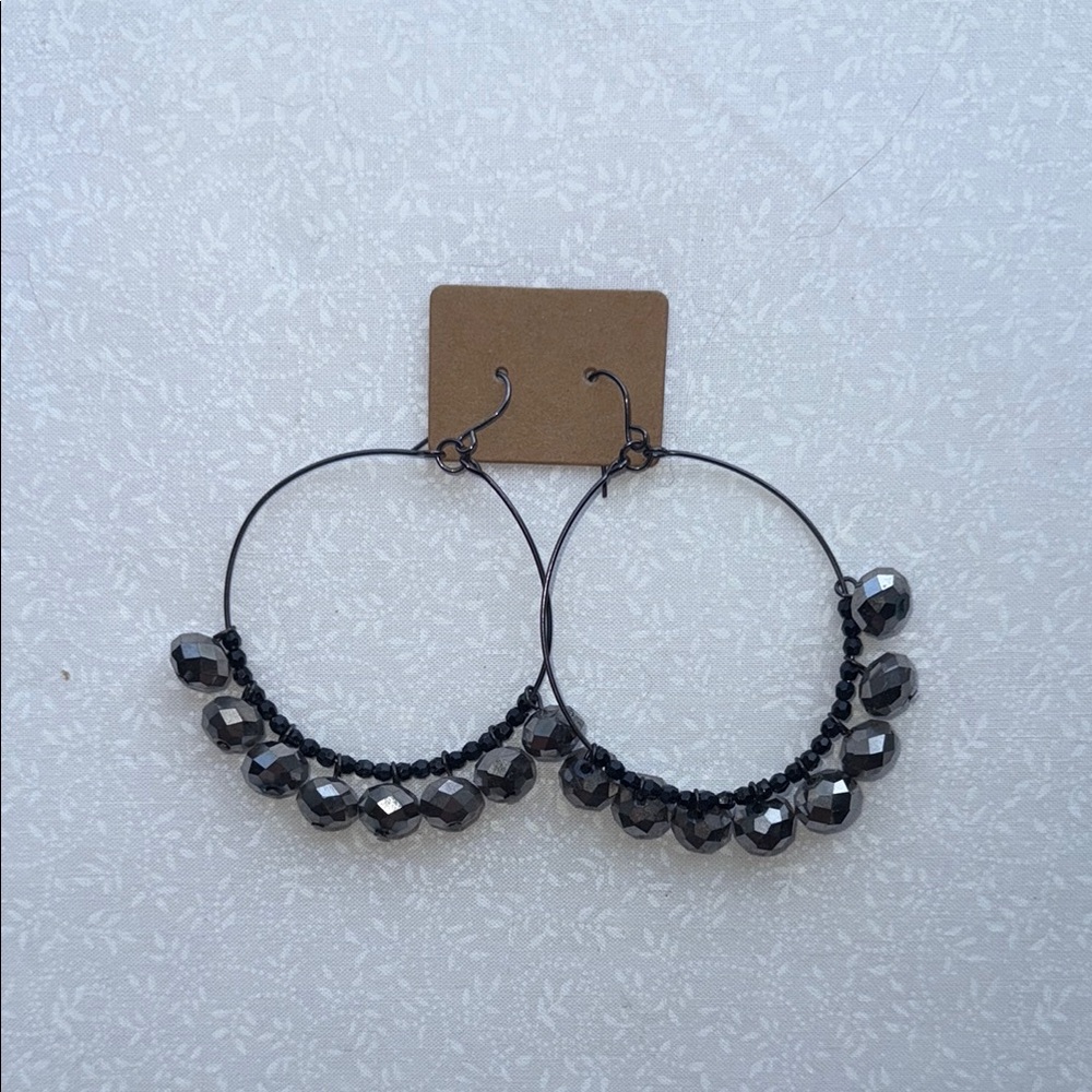 Black Beaded Hoop‎ Earrings with Modern Design
